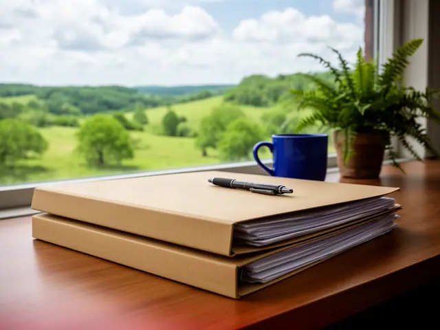 A neat stack of closed manila folders and a pen on a desk by a window.
