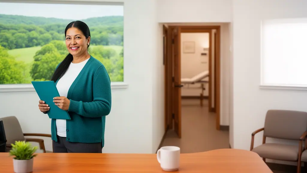 A smiling practice manager holding a teal folder at the front desk of a bright medical office, green hills outside.